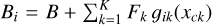 ${B_i} = B + \mathop \sum \limits_{k = 1}^K {F_k}\,{g_{ik}}\left( {{x_{ck}}} \right)$