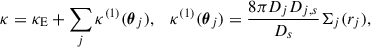 $$ \begin{aligned} \kappa = \kappa _{\rm E} + \sum _j \kappa ^{(1)}(\boldsymbol{\theta }_j) , \quad \kappa ^{(1)}(\boldsymbol{\theta }_j) = \frac{8\pi D_{j} D_{j,s}}{D_s} \Sigma _j(r_j) , \end{aligned} $$