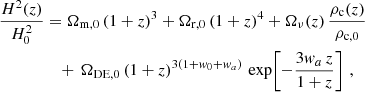 $$ \begin{aligned} \frac{H^2(z)}{H_0^2}&= \Omega _{\rm m,0}\,(1+z)^3 + \Omega _{\rm r,0}\,(1+z)^4 + \Omega _\nu (z)\,\frac{\rho _{\rm c}(z)}{\rho _{\rm c,0}} \nonumber \\&\quad +\, \Omega _{\rm DE,0}\,(1+z)^{3(1+{ w}_0+{ w}_a)}\,\exp \!\left[-\frac{3{ w}_a\,z}{1+z}\right]\,, \end{aligned} $$