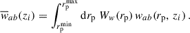 $$ \begin{aligned} \overline{w}_{ab}(z_i) = \int _{{r_{\rm p}^\mathrm{min}}}^{{r_{\rm p}^\mathrm{max}}} \mathrm{d} {r_{\rm p}} \;W_{ w}(r_{\rm p})\,{ w}_{ab}(r_{\rm p},\,z_i)\,. \end{aligned} $$