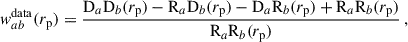 $$ \begin{aligned} { w}_{ab}^\mathrm{data}({r_{\rm p}} )&=\frac{\mathrm{D}_a\mathrm{D}_b({r_{\rm p}})-\mathrm{R}_a\mathrm{D}_b({r_{\rm p}})-\mathrm{D}_a\mathrm{R}_b({r_{\rm p}})+\mathrm{R}_a\mathrm{R}_b({r_{\rm p}})}{\mathrm{R}_a\mathrm{R}_b({r_{\rm p}})}\,, \end{aligned} $$