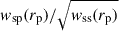 $ \mathit{w}_{\mathrm{sp}}({r_{\mathrm{p}}})/\sqrt{\mathit{w}_{\mathrm{ss}}({r_{\mathrm{p}}})} $
