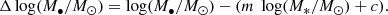 $$ \begin{aligned} \Delta \log (M_\bullet /{{M}_{\odot }}) = \log (M_\bullet /{{M}_{\odot }}) - (m \ \log (M_*/{{M}_{\odot }}) + c). \end{aligned} $$