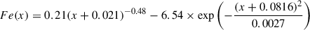 $$ \begin{aligned} Fe(x) = 0.21 (x + 0.021)^{-0.48} - 6.54\times \exp \left(- \frac{(x + 0.0816)^2}{0.0027}\right) \end{aligned} $$