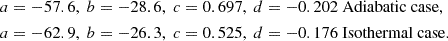 $$ \begin{aligned}&a = -57.6,~ b = -28.6,~ c = 0.697,~ d = -0.202 \text{ Adiabatic} \text{ case},\nonumber \\&a = -62.9, ~b =-26.3, ~c = 0.525, ~d = -0.176 \text{ Isothermal} \text{ case}.\nonumber \end{aligned} $$