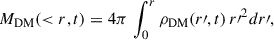 $$ \begin{aligned} M_{\rm DM}( < r,t) = 4\pi \, \int _0^r\rho _{\rm DM}(r\prime ,t)\,r{\prime }^2dr\prime , \end{aligned} $$