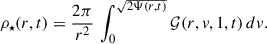 $$ \begin{aligned} \rho _\star (r,t) = \frac{2\pi }{r^2} \,\int _0^{\sqrt{2\Psi (r,t)}} \mathcal{G} (r,v,1,t)\,dv. \end{aligned} $$