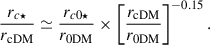 $$ \begin{aligned} \frac{r_{c\star }}{r_{\mathrm{cDM}}} \simeq \frac{r_{c0\star }}{r_{0\mathrm{DM}}}\times \left[\frac{r_{\mathrm{c DM}}}{r_{0\mathrm{DM}}}\right]^{-0.15}. \end{aligned} $$