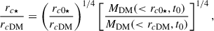 $$ \begin{aligned} \frac{r_{c\star }}{r_{c\mathrm{DM}}}=\left(\frac{r_{c0\star }}{r_{c\mathrm{DM}}}\right)^{1/4} \left[\frac{M_{\rm DM}(<r_{c0\star },t_0)}{M_{\rm DM}( < r_{c\mathrm{DM}},t_0)}\right]^{1/4} , \end{aligned} $$