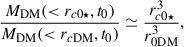 $$ \begin{aligned} \frac{M_{\rm DM}(<r_{c0\star },t_0)}{M_{\rm DM}( < r_{c\mathrm{DM}},t_0)}\simeq \frac{r_{c0\star }^3}{r_{0\mathrm{DM}}^3}, \end{aligned} $$