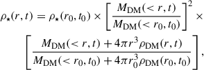 $$ \begin{aligned} \rho _\star (r,t) = \rho _\star (r_0,t_0)\times \left[\frac{M_{\rm DM}(<r,t)}{M_{\rm DM}(<r_0,t_0)}\right]^2\times \nonumber \\ \left[\frac{M_{\rm DM}(<r,t)+4\pi r^3\rho _{\rm DM}(r,t)}{M_{\rm DM}( < r_0,t_0)+4\pi r_0^3\rho _{\rm DM}(r_0,t_0)}\right],\end{aligned} $$