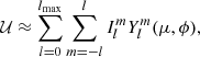 $$ \begin{aligned} \mathcal{U} \approx \sum \limits _{l=0}^{l_{\text{max}}} \sum \limits _{m=-l}^{l} I_l^m Y_l^m(\mu , \phi ), \end{aligned} $$