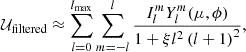 $$ \begin{aligned} \mathcal{U} _{\rm filtered} \approx \sum \limits _{l=0}^{l_{\text{max}}} \sum \limits _{m=-l}^{l} \frac{I_l^m Y_l^m(\mu , \phi )}{1+\xi l^2\left(l+1\right)^2}, \end{aligned} $$