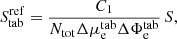 $$ \begin{aligned} S_\mathrm{tab} ^\mathrm{ref} = \frac{C_1}{N_\mathrm{tot} \Delta \mu _\mathrm{e} ^\mathrm{tab} \Delta \Phi _\mathrm{e} ^\mathrm{tab} }\,S \text{,} \end{aligned} $$