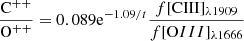 $$ \begin{aligned} \frac{\mathrm{C^{++}}}{\mathrm{O^{++}} }= 0.089\mathrm{e}^{-1.09/t}\frac{f[\mathrm {CIII}]_{\lambda 1909}}{f[\mathrm OIII]_{\lambda 1666}} \end{aligned} $$