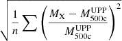 $ \sqrt{\frac{1}{n}\sum{\left(\frac{M_{\mathrm{X}}-M^{\mathrm{UPP}}_{\mathrm{500c}}}{M^{\mathrm{UPP}}_{\mathrm{500c}}}\right)^2}} $