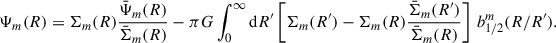 $$ \begin{aligned} \Psi _m(R) = \Sigma _m(R) \frac{\bar{\Psi }_m(R)}{{\bar{\Sigma }}_m(R)} -\pi G\int _0^\infty \mathrm{d}R^{\prime } \left[\Sigma _m(R^{\prime })-\Sigma _m(R)\frac{{\bar{\Sigma }}_m(R^{\prime })}{{\bar{\Sigma }}_m(R)}\right]\,b_{1/2}^m(R/R^{\prime }). \end{aligned} $$