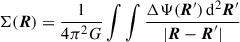 $$ \begin{aligned} \Sigma (\boldsymbol{R}) = \frac{1}{4\pi ^2G} \int \int \frac{\Delta \Psi (\boldsymbol{R}^{\prime })\,\mathrm{d}^2\boldsymbol{R}^{\prime }}{|\boldsymbol{R}-\boldsymbol{R}^{\prime }|} \end{aligned} $$