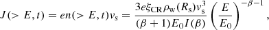 $$ \begin{aligned} J(>E,t)=e n(>E,t) v_{\rm s} = \frac{3 e \xi _{\rm CR} \rho _{\rm w}(R_{\rm s}) v_{\rm s}^3}{(\beta +1) E_0 I(\beta )} \left( \frac{E}{E_0} \right)^{-\beta -1}, \end{aligned} $$