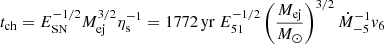 $$ \begin{aligned} t_{\rm ch}&=E_{\rm SN}^{-1/2}M_{\rm ej}^{3/2}\eta _{\rm s}^{-1}=1772\,\mathrm{yr} ~E_{51}^{-1/2} \left(\frac{M_{\rm ej}}{M_\odot }\right)^{3/2}\dot{M}_{-5}^{-1}v_6\end{aligned} $$