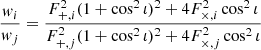 $$ \begin{aligned} \frac{w_i}{w_j} = \frac{F_{+,i}^2(1+\cos ^2\iota )^2+4 F_{\times ,i}^2\cos ^2\iota }{F_{+,j}^2(1+\cos ^2\iota )^2+4 F_{\times ,j}^2\cos ^2\iota } \end{aligned} $$