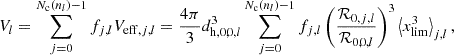 $$ \begin{aligned} V_{l}=\sum _{j=0}^{N_{\rm c}(n_l)-1}f_{j,l}V_{\mathrm{eff} ,j,l}=\frac{4\pi }{3}d_{\mathrm{h} ,0,0,l}^3\sum _{j=0}^{N_{\rm c}(n_l)-1}f_{j,l}\left(\frac{\mathcal{R} _{0,j,l}}{\mathcal{R} _{0,0,l}}\right)^3\left\langle x_{\rm lim}^3\right\rangle _{j,l}, \end{aligned} $$