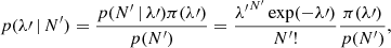 $$ \begin{aligned} p(\lambda \prime \,|\,N^{\prime }) = \frac{p(N^{\prime }\,|\,\lambda \prime ) \pi (\lambda \prime )}{p(N^{\prime })} = \frac{{\lambda ^{\prime }}^{N^{\prime }} \exp (-\lambda \prime )}{N^{\prime }!}\frac{\pi (\lambda \prime )}{p(N^{\prime })}, \end{aligned} $$