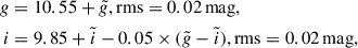 $$ \begin{aligned} g&= 10.55 + \tilde{g}, \mathrm{rms} = 0.02\,\mathrm{mag}, \\ i&= 9.85 + \tilde{i} - 0.05\times (\tilde{g} - \tilde{i}), \mathrm{rms} = 0.02\,\mathrm{mag}, \end{aligned} $$