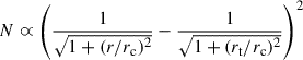 $ N \varpropto \left({\frac{1}{\sqrt{1+(r/r_{\mathrm{c}})^2}} - \frac{1}{\sqrt{1 + (r_{\mathrm{t}}/r_{\mathrm{c}})^2}}}\right)^2 $