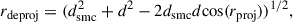 $$ \begin{aligned} r_{\rm deproj} = (d_{\rm smc}^2 + d^2 - 2 d_{\rm smc} d \mathrm{cos}(r_{\rm proj}))^{1/2}, \end{aligned} $$