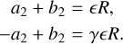 $\matrix{ {{a_2} + {b_2} = R,} \cr { - {a_2} + {b_2} = \gamma R.} \cr } $