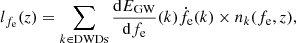 $$ \begin{aligned} l_{f_\mathrm{e} }(z) = \sum _{k\in \mathrm{DWDs} }\frac{\mathrm{d} E_\mathrm{GW} }{\mathrm{d} f_\mathrm{e} }(k)\dot{f_\mathrm{e} }(k)\times n_k(f_\mathrm{e} ,z) , \end{aligned} $$