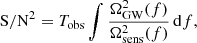 $$ \begin{aligned} \mathrm{S/N} ^2 = T_\mathrm{obs} \int \frac{\Omega _{\mathrm{GW} }^2(f)}{\Omega _{\mathrm{sens} }^2(f)} \, \mathrm{d} f, \end{aligned} $$