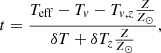 $$ \begin{aligned} t&=\frac{T_{\rm eff}-T_v - T_{v,z}\frac{Z}{Z_\odot }}{\delta T+\delta T_z\frac{Z}{Z_\odot }}, \end{aligned} $$