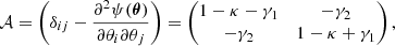 $$ \begin{aligned} \mathcal{A} = \left(\delta _{ij}-\frac{\partial ^2 \psi (\boldsymbol{\theta })}{\partial \theta _i \partial \theta _j}\right) = \begin{pmatrix} 1 - \kappa - \gamma _1&-\gamma _2 \\ -\gamma _2&1 - \kappa + \gamma _1 \end{pmatrix}, \end{aligned} $$