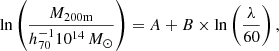 $$ \begin{aligned} \ln \left(\frac{M_{\rm 200m}}{h^{-1}_{70}{10^{14}}\,M_{\odot }}\right) = A + B\times \ln \left(\frac{\lambda }{60}\right), \end{aligned} $$