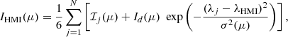 $$ \begin{aligned} I_{\rm HMI}(\mu ) = \frac{1}{6} \sum _{j = 1}^N \left[ \mathcal{I} _j(\mu ) + I_d(\mu ) \ \text{ exp} \left( - \frac{(\lambda _j - \lambda _{\rm HMI})^2}{\sigma ^2(\mu )} \right) \right], \end{aligned} $$