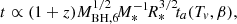 $$ \begin{aligned} t&\propto (1+z) M_{\rm BH,6}^{1/2}\! M_{*}^{-1}\! R_{*}^{3/2}\! t_{a}(T_{v},\beta ), \end{aligned} $$