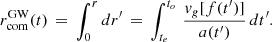 $$ \begin{aligned} r^\mathrm{GW}_{\rm com} (t)\,=\,\int _0^r d r^{\prime }\,=\,\int _{t_e}^{t_o}\,\frac{v_g [f(t^{\prime })]}{a (t^{\prime })}\,d t^{\prime }. \end{aligned} $$