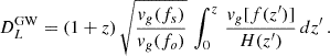 $$ \begin{aligned} D_L^\mathrm{GW} = (1+z)\, \sqrt{\frac{v_g(f_s)}{v_g(f_o)}}\,\int _{0}^z\,\frac{v_g [f(z^{\prime })]}{H (z^{\prime })}\,d z^{\prime }\,. \end{aligned} $$