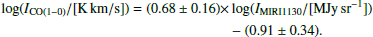 $$ \begin{aligned} \log (I_{\rm CO(1-0)}/[\mathrm{K \, km/s}]) = (0.68 \pm 0.16)\times&\log (I_{\rm MIRI1130} /[\mathrm{MJy \, sr^{-1}}])\nonumber \\&- (0.91 \pm 0.34). \end{aligned} $$