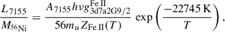 $$ \begin{aligned} \frac{L_{7155}}{M_{\rm {^{56}Ni}}}=\frac{A_{7155}h\nu g^\mathrm{{Fe\,II}}_{\rm {3d7a2G9/2}}}{56m_uZ_{\rm {Fe\,II}}(T)}\,\exp \left(\frac{-22745\,\mathrm {K}}{T}\right), \end{aligned} $$