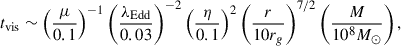 $$ \begin{aligned} t_{\rm vis} \sim \left( \frac{\mu }{0.1}\right)^{-1} \left(\frac{\lambda _{\rm Edd}}{0.03}\right)^{-2} \left(\frac{\eta }{0.1}\right)^{2} \left(\frac{r}{10r_{g}}\right)^{7/2} \left(\frac{M}{10^{8} M_{\odot }} \right), \end{aligned} $$