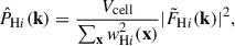 $$ \begin{aligned} \hat{P}_{\mathrm{H}i }(\mathbf k )&= \frac{V_\text{cell}}{\sum _\mathbf x w_{\mathrm{H}i }^2(\mathbf x )}|\tilde{F}_{\mathrm{H}i }(\mathbf k )|^2,\end{aligned} $$