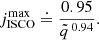 $$ \begin{aligned} j^\mathrm{max} _\mathrm{ISCO} \doteq \frac{0.95}{\tilde{q}^{\,0.94}}. \end{aligned} $$