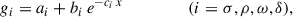 $$ \begin{aligned} g_i = a_i + b_i \, e^{-c_i \, x} \qquad \qquad \quad (i=\sigma ,\rho ,\omega ,\delta ), \end{aligned} $$