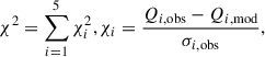 $$ \begin{aligned} \chi ^2 = \sum ^{5}_{i = 1} \chi ^2_i, \chi _i = \frac{Q_{i,\mathrm{obs}} - Q_{i,\mathrm{mod}}}{\sigma _{i,\mathrm{obs}}}, \end{aligned} $$