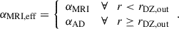 $$ \begin{aligned} \alpha _\mathrm{MRI,eff}&= {\left\{ \begin{array}{ll} \alpha _\mathrm{MRI}&\forall \quad r < r_\mathrm{DZ,out} \\ \alpha _\mathrm{AD}&\forall \quad r \ge r_\mathrm{DZ,out} \end{array}\right.}. \end{aligned} $$