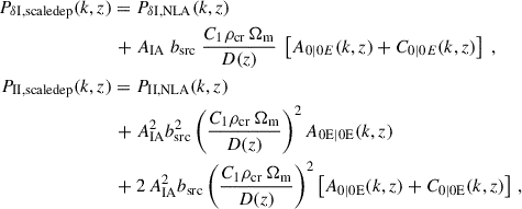 $$ \begin{aligned} \begin{aligned} P_{\delta \mathrm{I, scaledep}}(k,z)&= P_{\delta \mathrm{I, NLA}}(k,z)\\&\quad \!\!\!\!+ A_{\rm IA}\; b_{\rm src}\; \frac{C_1 \rho _{\rm cr}\, \Omega _{\rm m}}{D (z)}\; \left[ A_{0|0E}(k,z) + C_{0|0E}(k,z) \right]\;, \\ P_{\rm II, scaledep}(k,z)&= P_{\rm II, NLA}(k,z) \\&\quad \!\!\!\! + A_{\rm IA}^2 b_{\rm src}^2 \left( \frac{C_1 \rho _{\rm cr}\, \Omega _{\rm m}}{D (z)} \right)^2 A_{0\mathrm E|0\mathrm E}(k,z) \\&\quad \!\!\!\!+ 2\, A_{\rm IA}^2 b_{\rm src} \left( \frac{C_1 \rho _{\rm cr}\, \Omega _{\rm m}}{D (z)} \right)^2 \left[ A_{0|0\mathrm E}(k,z) + C_{0|0\mathrm E}(k,z) \right]\,, \end{aligned} \end{aligned} $$