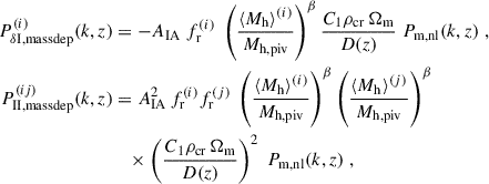 $$ \begin{aligned} P_{\delta \mathrm{I, massdep}}^{(i)}(k,z)&= - A_{\rm IA}\; f_{\mathrm{r} }^{(i)}\; \left( \frac{\langle M_{\rm h} \rangle ^{(i)}}{M_{\rm h, piv}} \right)^\beta \frac{C_1 \rho _{\rm cr}\, \Omega _{\rm m}}{D (z)}\; P_{\rm m, nl}(k,z)\;, \\ \nonumber P_{\rm II, massdep}^{(ij)}(k,z)&= A_{\rm IA}^2\, f_{\mathrm{r} }^{(i)} f_{\mathrm{r} }^{(j)}\; \left( \frac{\langle M_{\rm h} \rangle ^{(i)}}{M_{\rm h, piv}} \right)^\beta \left( \frac{\langle M_{\rm h} \rangle ^{(j)}}{M_{\rm h, piv}} \right)^\beta \\ \nonumber&\quad \times \left( \frac{C_1 \rho _{\rm cr}\, \Omega _{\rm m}}{D (z)} \right)^2 \; P_{\rm m, nl}(k,z)\;, \end{aligned} $$